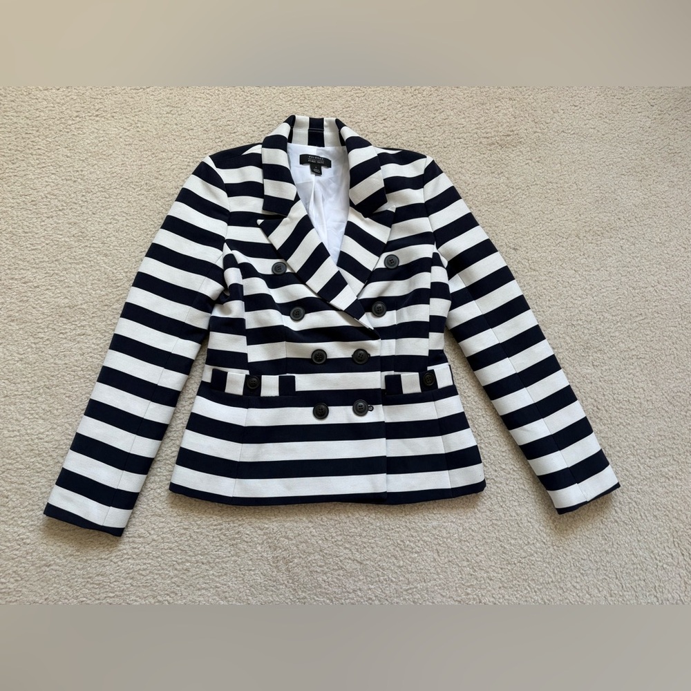 Halogen x Atlantic-Pacific striped nautical double breasted blazer preppy, sz 4